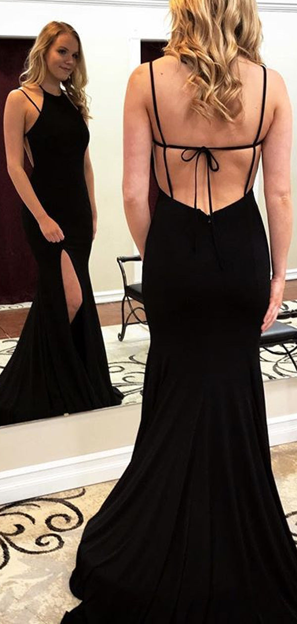 Black Jersey Spaghetti Strap Backless Mermaid Halter Simple Prom Dress –  AlineBridal