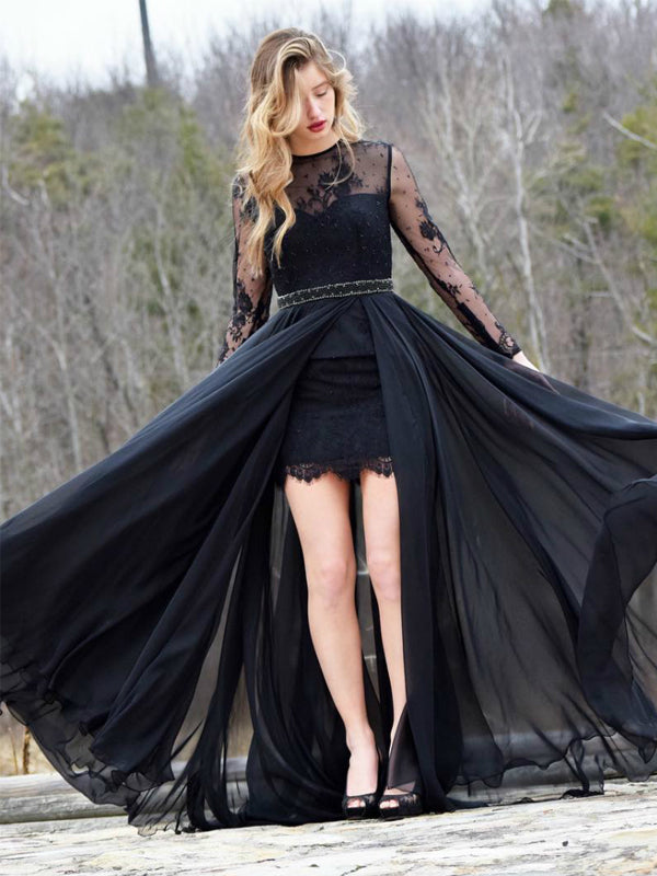 Black Lace Long Sleeve Beaded Sash Sheath Tight Prom Dresses,PD00083