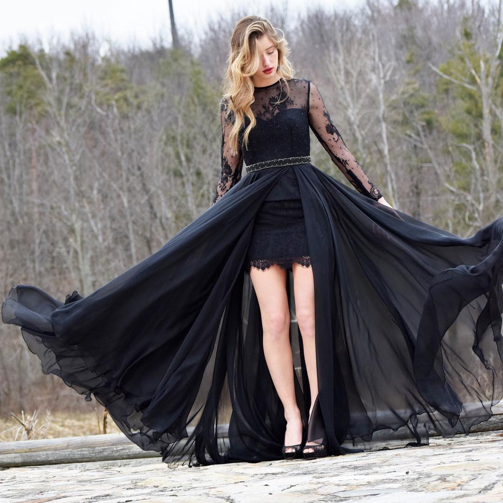 One Shoulder Layered Black Lace Long Prom Dresses with High Slit,One S –  morievent
