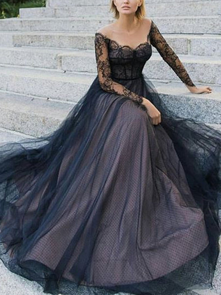 Black Lace Long Sleeve Off Shoulder Lace Up Back Prom Dresses.PD00230 –  AlineBridal