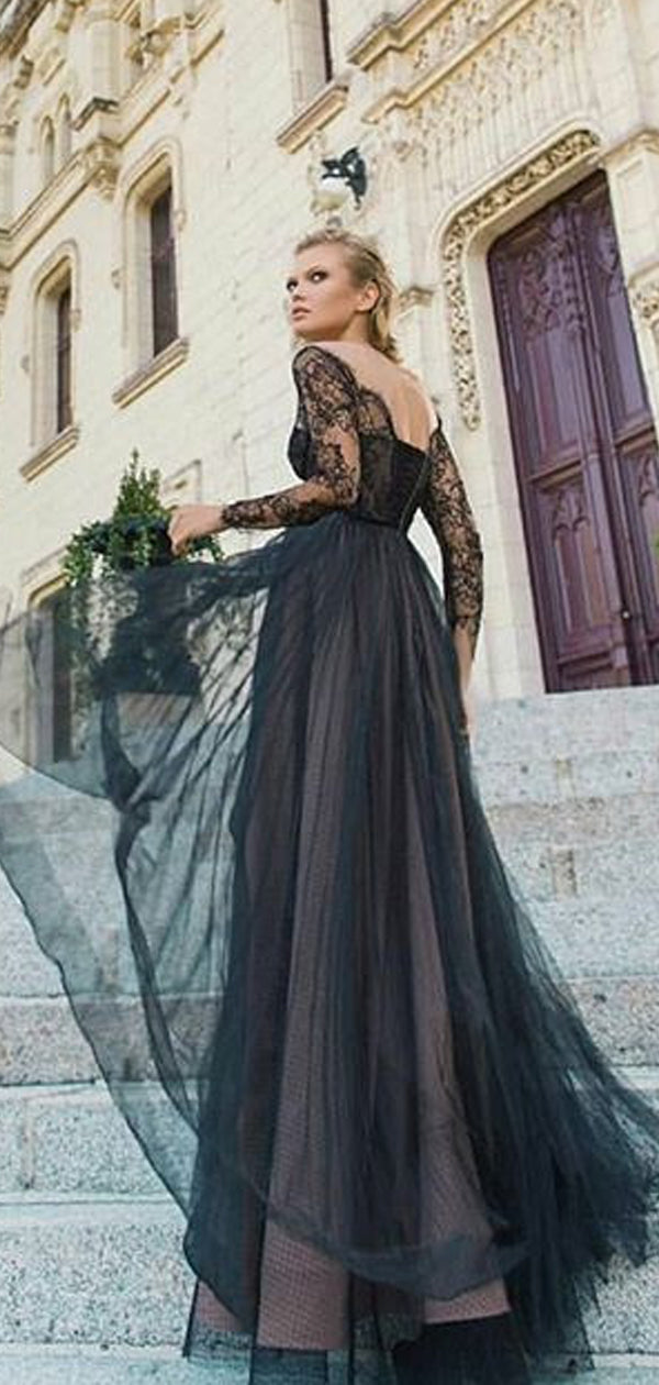Black Lace Long Sleeve Off Shoulder Lace Up Back Prom Dresses.PD00230 AlineBridal Black Lace Long Sleeve Off Shoulder Lace Up Back Prom Dresses.PD00230 AlineBridal