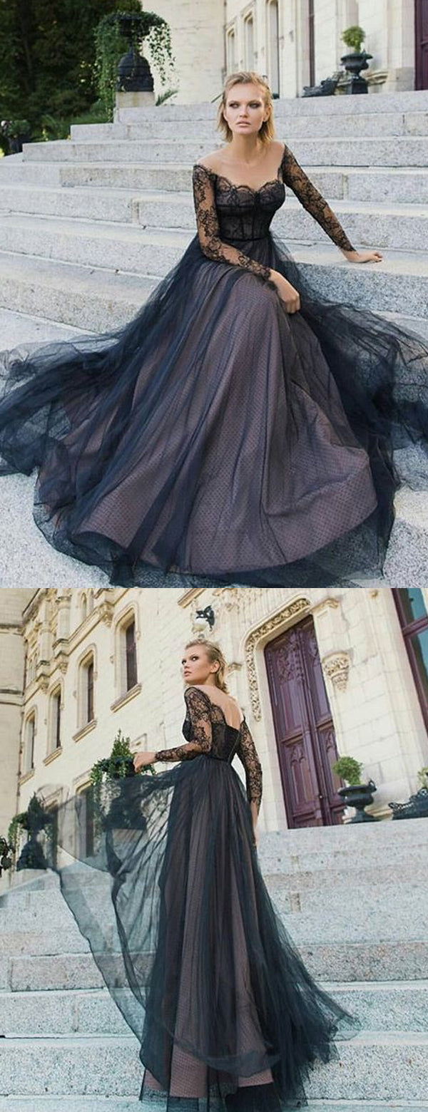 Black Lace Long Sleeve Off Shoulder Lace Up Back Prom Dresses.PD00230 –  AlineBridal