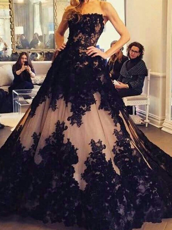 black and tan lace prom dress Nude Strapless Ball Gown Princess Dresses ,PD00296 – AlineBridal the lace overlay cascades Color:Dusty Peach badge_tag: Final Lace Applique Long Sleeve