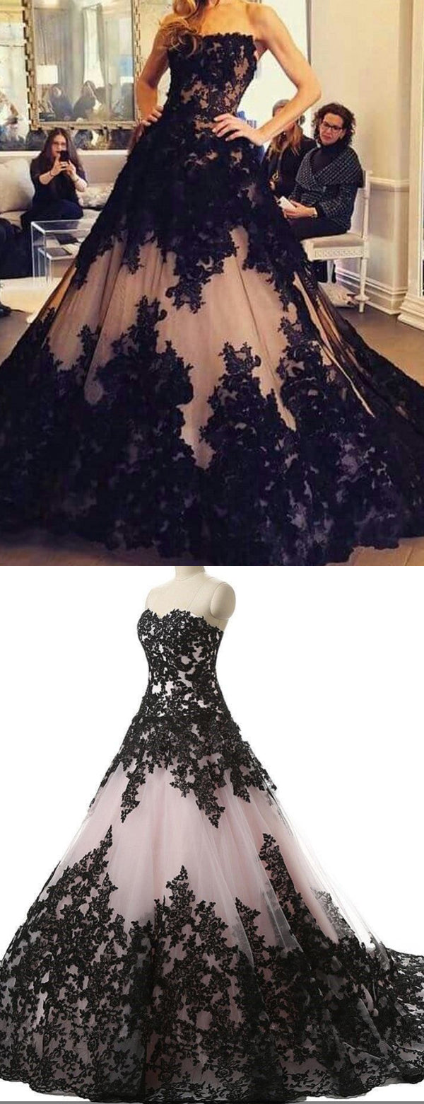 Black Lace Nude Strapless Ball Gown Princess Prom Dresses ,PD00296 AlineBridal Black Lace Nude Strapless Ball Gown Princess Prom Dresses ,PD00296 AlineBridal