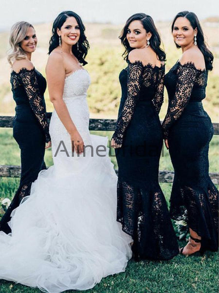 Black Lace Off Shoulder High Low Mermaid Bridesmaid Dresses, AB4038 – AlineBridal