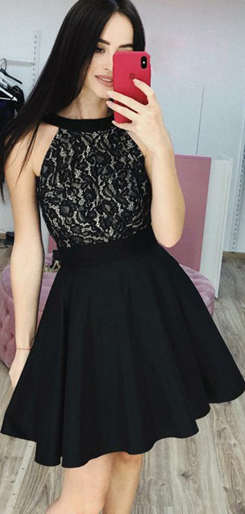 Black Lace Satin Halter Simple Cheap Homecoming Dresses,HD0028