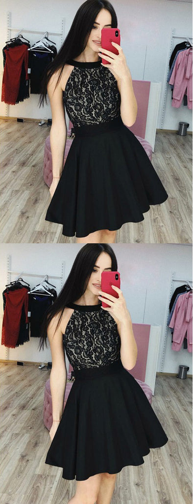 Black Lace Satin Halter Simple Cheap Homecoming Dresses,HD0028