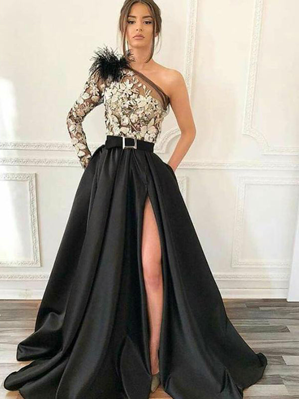 one shoulder long sleeve evening dress Black Lace Satin Prom Dresses ,PD00202 – AlineBridal high polished leather A Line V Neck Fabric has no stretch Color:Lavendula