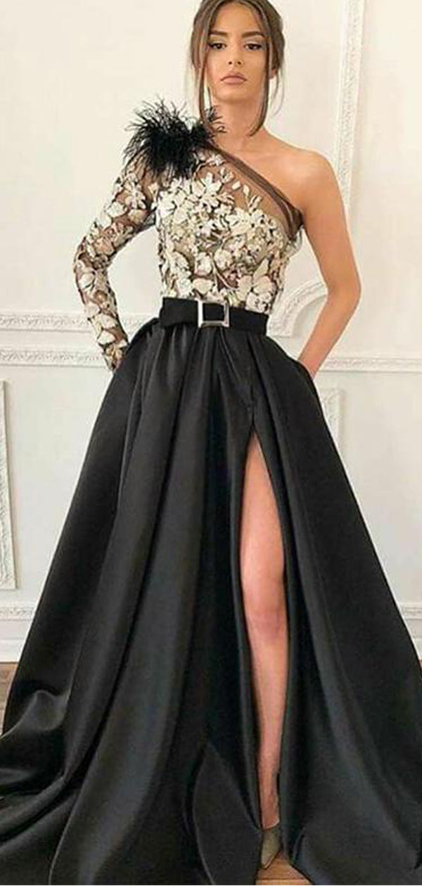Black One Shoulder Long Sleeve Lace Satin Prom Dresses ,PD00202 AlineBridal Black One Shoulder Long Sleeve Lace Satin Prom Dresses ,PD00202 AlineBridal