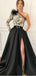 Black One Shoulder Long Sleeve Lace Satin Prom Dresses ,PD00202
