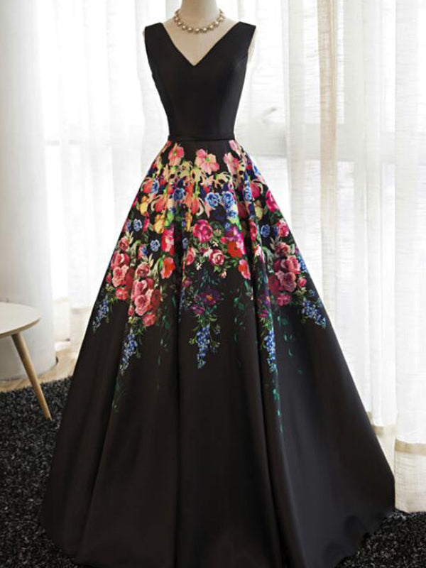 Black Satin Floral Prints Sleeveless Lace Up Back Prom Dresses PD00295