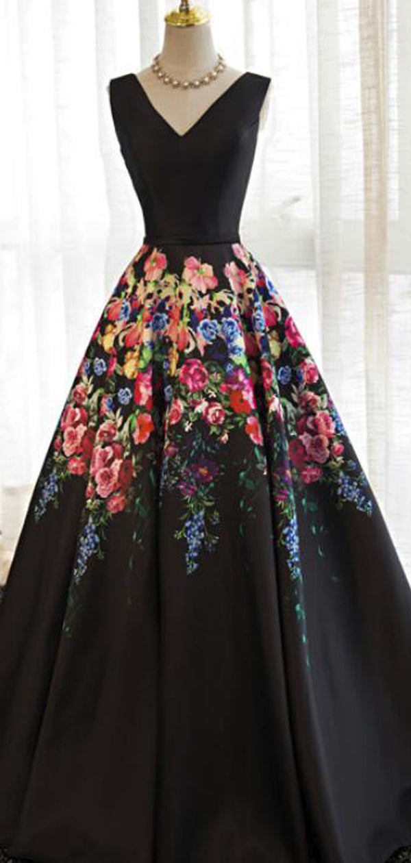 Black Satin Floral Prints Sleeveless Lace Up Back Prom Dresses PD00295