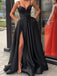 Black Satin Spaghetti Strap Slit Sexy Prom Dresses, PD00157