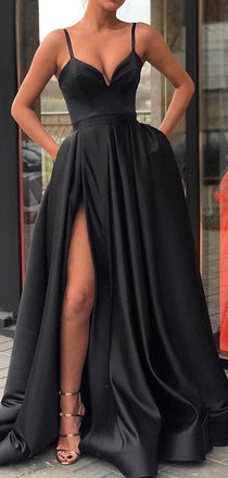 Black Satin Spaghetti Strap Slit Sexy Prom Dresses, PD00157