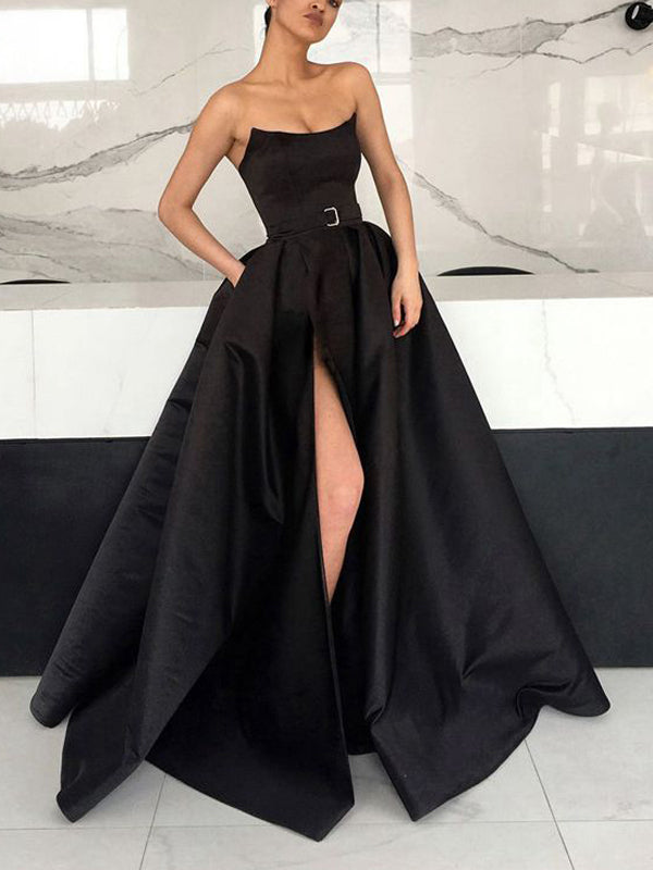 Black Satin Strapless Pockets Ball Gown Formal Prom Dresses