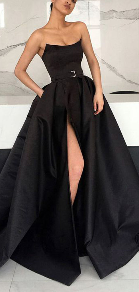 Black Satin Strapless Pockets Ball Gown Formal Prom Dresses,PD00153
