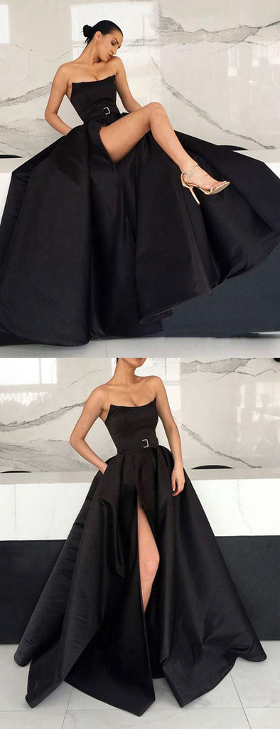 Black Satin Strapless Pockets Ball Gown Formal Prom Dresses,PD00153