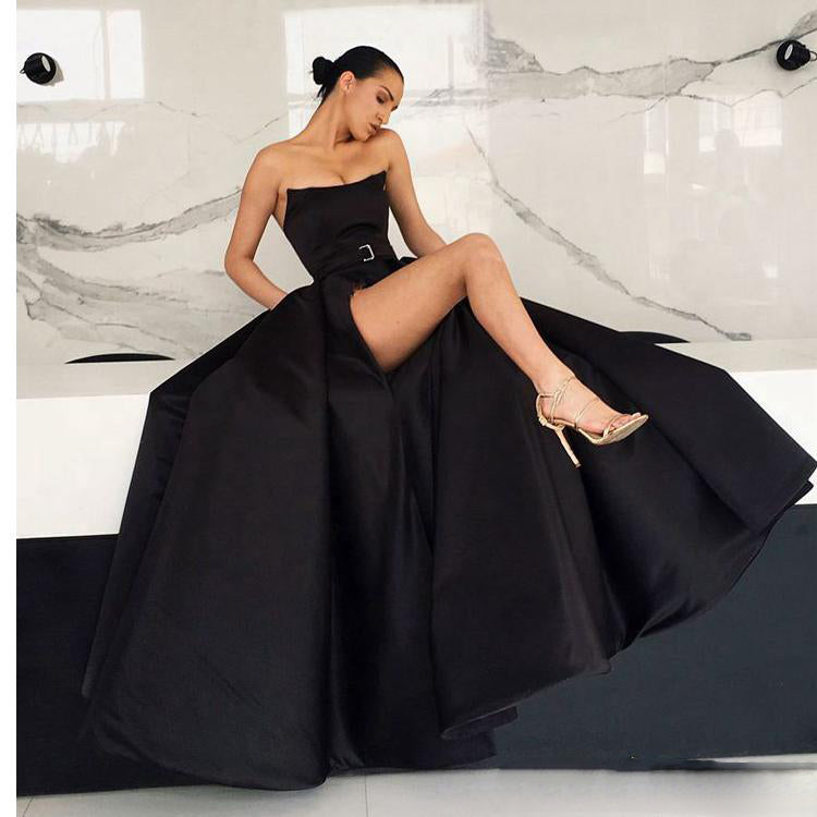 Black Satin Strapless Pockets Ball Gown Formal Prom Dresses