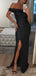 Black Sequin Off Shoulder Sheath With Slit Long Prom Dresses,PD00340