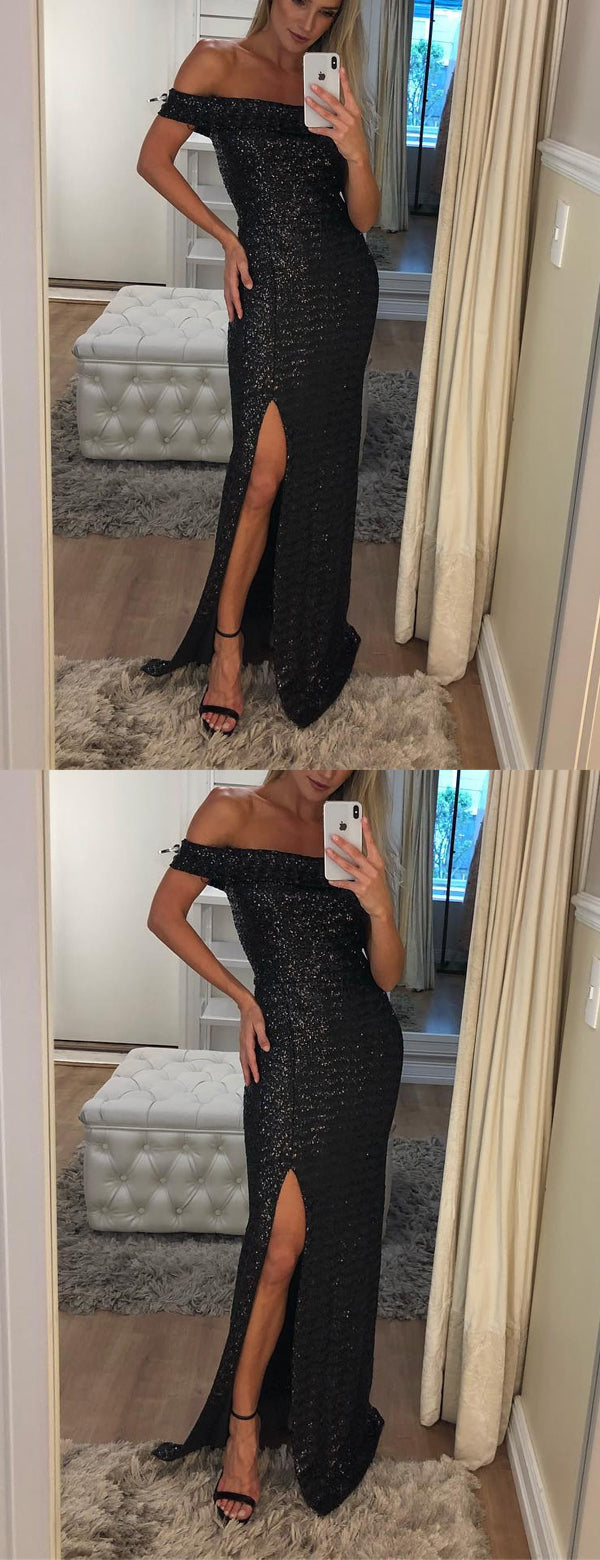 Black Sequin Off Shoulder Sheath With Slit Long Prom Dresses,PD00340 AlineBridal Black Sequin Off Shoulder Sheath With Slit Long Prom Dresses,PD00340 AlineBridal