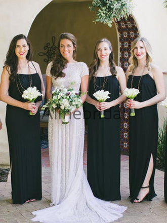 Black Spaghetti Strap With Side Slip Long Bridesmaid Dresses, AB4111