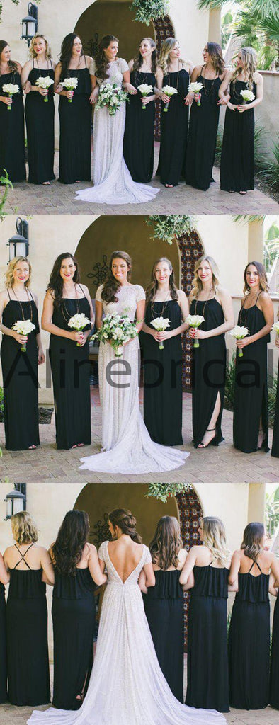Black Spaghetti Strap With Side Slip Long Bridesmaid Dresses, AB4111