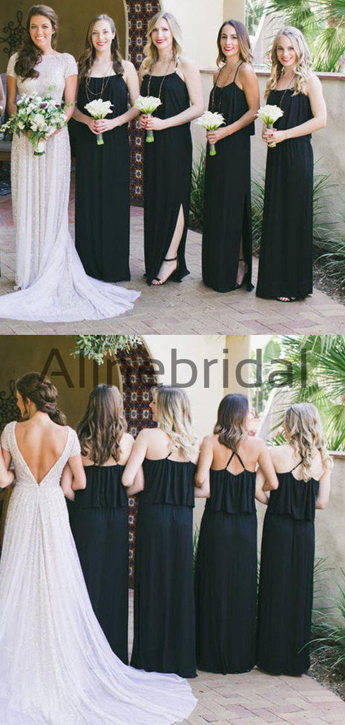 Black Spaghetti Strap With Side Slip Long Bridesmaid Dresses, AB4111