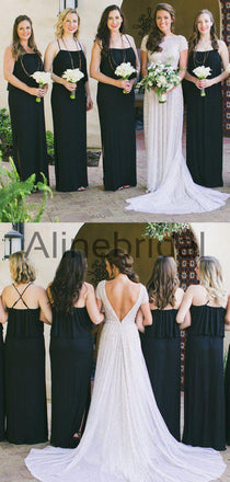 Black Spaghetti Strap With Side Slip Long Bridesmaid Dresses, AB4111