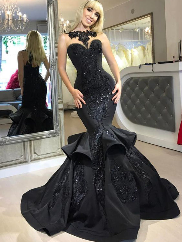Black Sparkly Appliques With Beads Sexy Mermaid Evening Party Prom Dresses, PD00096