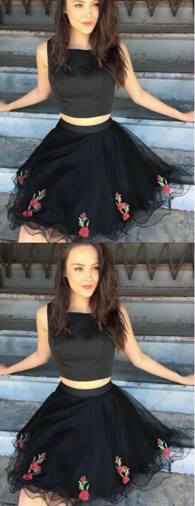 Black Two Piece Tulle Embroidery Sleeveless Homecoming Dresses,HD0034