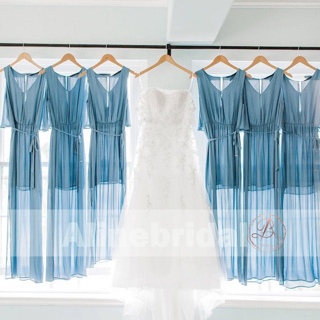 Blue Chiffon V neck Simple Beach Wedding Bridesmaid Dresses With