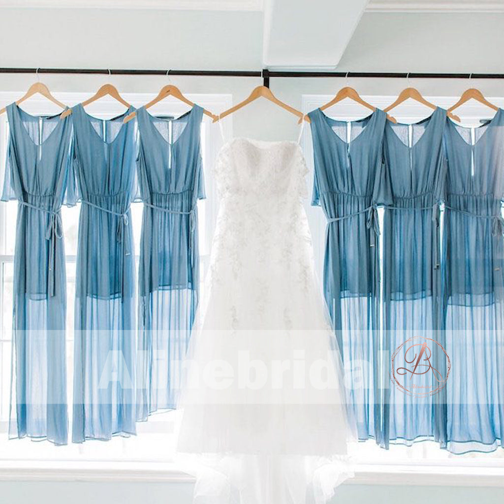 Blue Chiffon V-neck Simple Beach Wedding Bridesmaid Dresses With Splits, AB1226