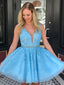 Blue Lace Beaded Sash Sleeveless Fashion Homecoming Dresses,HD0014