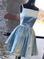 Blue Satin Beading Square Neck Sleeveless Homecoming Dresses ,HD0021