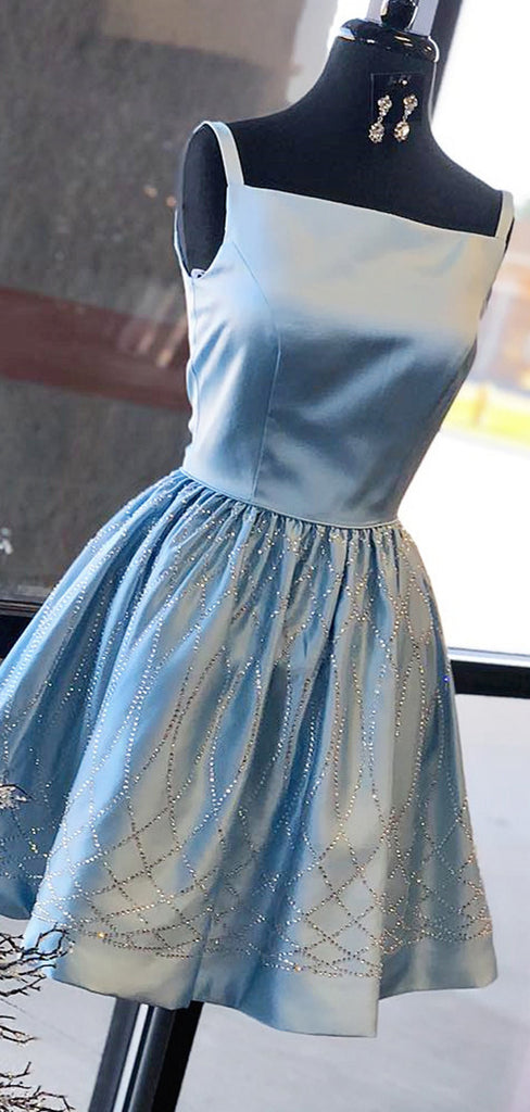 Blue Satin Beading Square Neck Sleeveless Homecoming Dresses ,HD0021