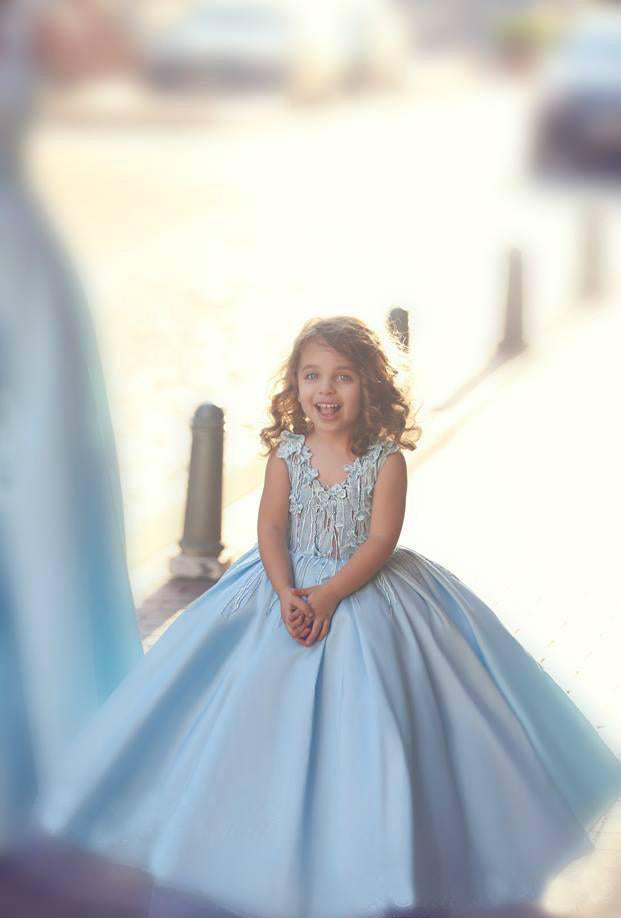 Pale Blue Tulle Floral Satin Bowknot Ball Gown Flower Girl Dresses, FG –  AlineBridal