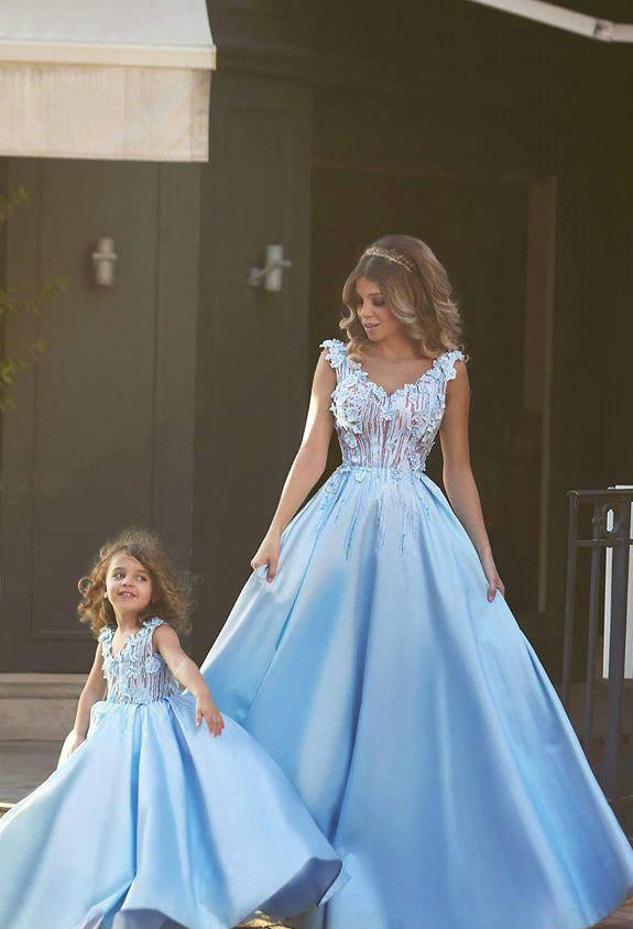 Blue Satin Lace Ball Gown Flower Girl Dresses, FGS054