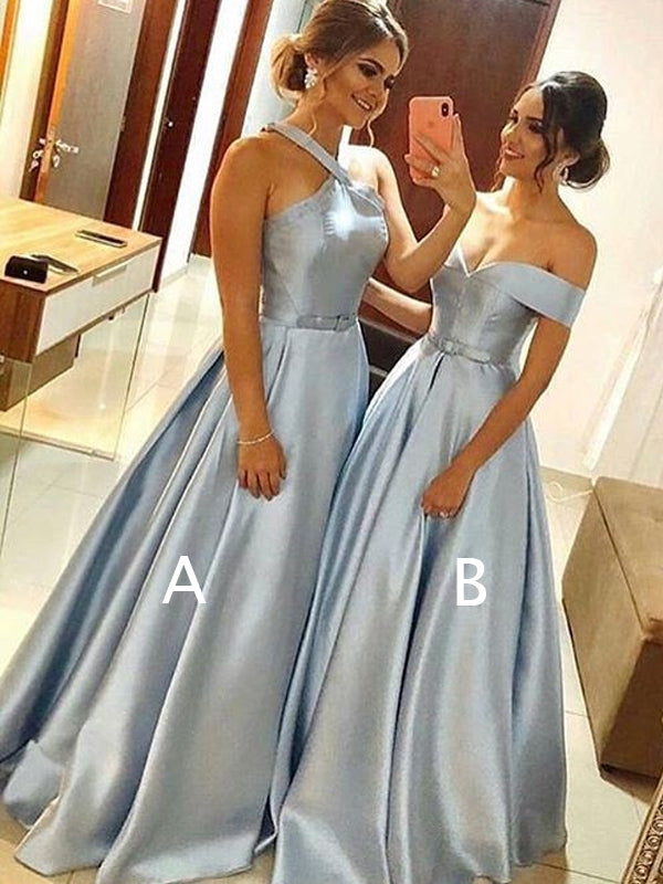 Blue Satin Mismatched A-line Halter Off Shoulder Prom Dresses For Teen AlineBridal Blue Satin Mismatched A-line Halter Off Shoulder Prom Dresses For Teen AlineBridal