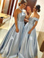 Blue Satin Mismatched A-line Halter Off Shoulder Prom Dresses For Teens.PD00277