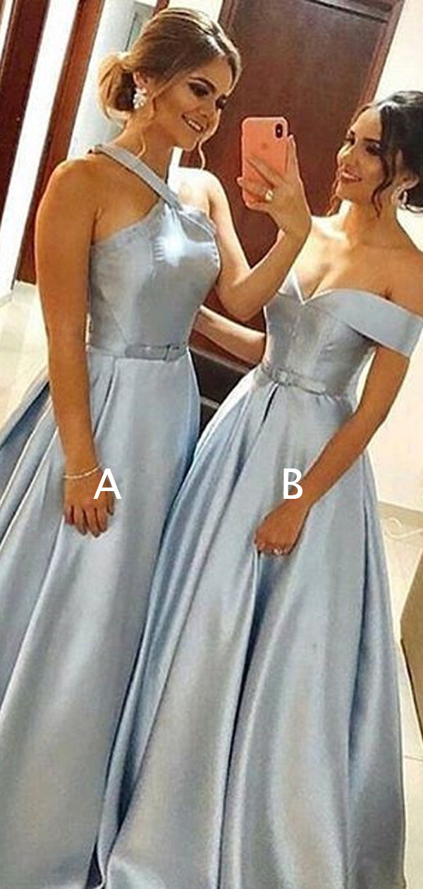 Blue Satin Mismatched A-line Halter Off Shoulder Prom Dresses For Teen AlineBridal Blue Satin Mismatched A-line Halter Off Shoulder Prom Dresses For Teen AlineBridal