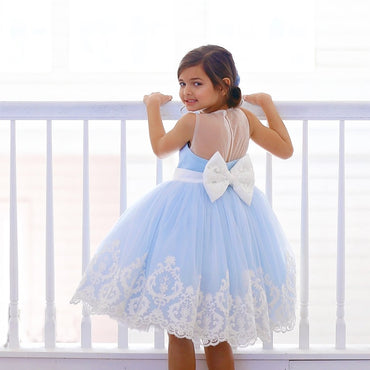 Blue Satin Off White Applique See Through Back Bow Knot Flower Girl Dresses, FGS104