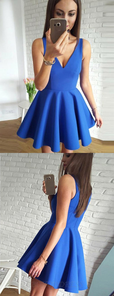 Blue Satin V-neck Sleeveless Cheap Homecoming Dresses,HD0054