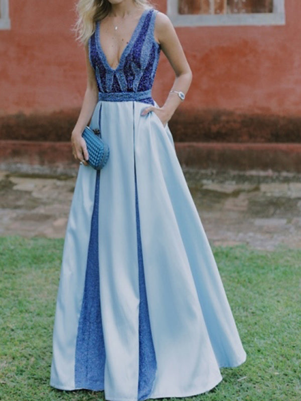 Blue Satin V-neck Sleeveless With Pockets A-line Prom Dresses,PD00323