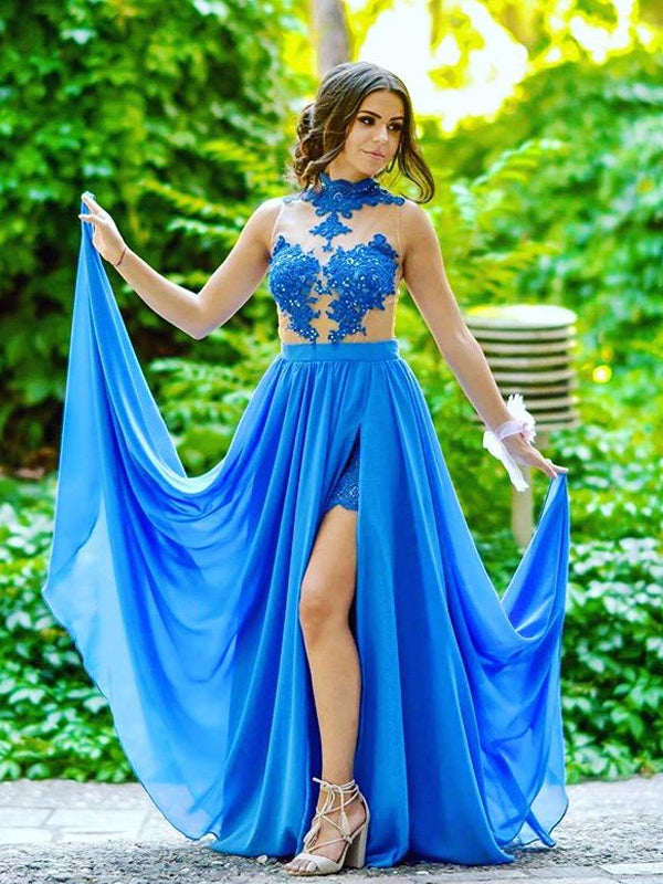 Blue Sexy See-Through Tulle Lace Appliques With Sequins High Neck Side AlineBridal Blue Sexy See-Through Tulle Lace Appliques With Sequins High Neck Side AlineBridal