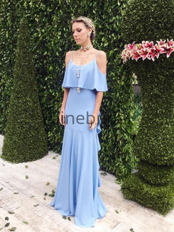 Elegant V-back Cold Shoulder Ruffles Blue Long Bridesmaid Dress for We AlineBridal Elegant V-back Cold Shoulder Ruffles Blue Long Bridesmaid Dress for We AlineBridal