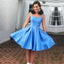 Blue Square Neckline Sleeveless Simple Satin Homecoming Dresses,BD00136