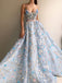 Blue Tulle Applique Spaghetti Strap Handmade Flower Prom Dresses,PD00119