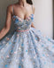 Blue Tulle Applique Spaghetti Strap Handmade Flower Prom Dresses,PD00119
