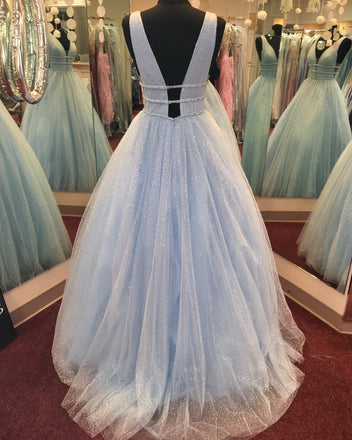 Blue Tulle Sequin Beading Sparkly Ball Gown Prom Dresses ,PD00135