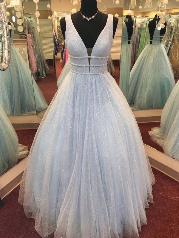 Blue Tulle Sequin Beading Sparkly Ball Gown Prom Dresses ,PD00135